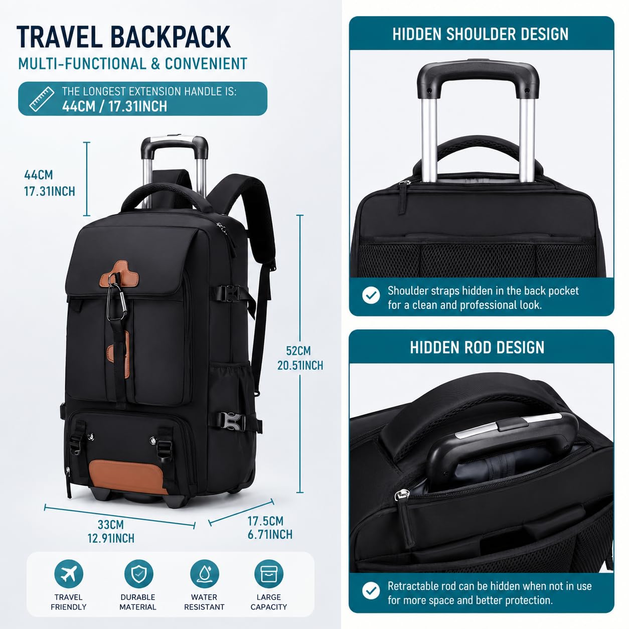 Zaino Trolley Viaggio Grande, Zaino Trolley Viaggio con Ruote per Uomo Donna, Grande Capacità 30L Tessuto Oxford per Outdoor Campeggio Lavoro (Nero)