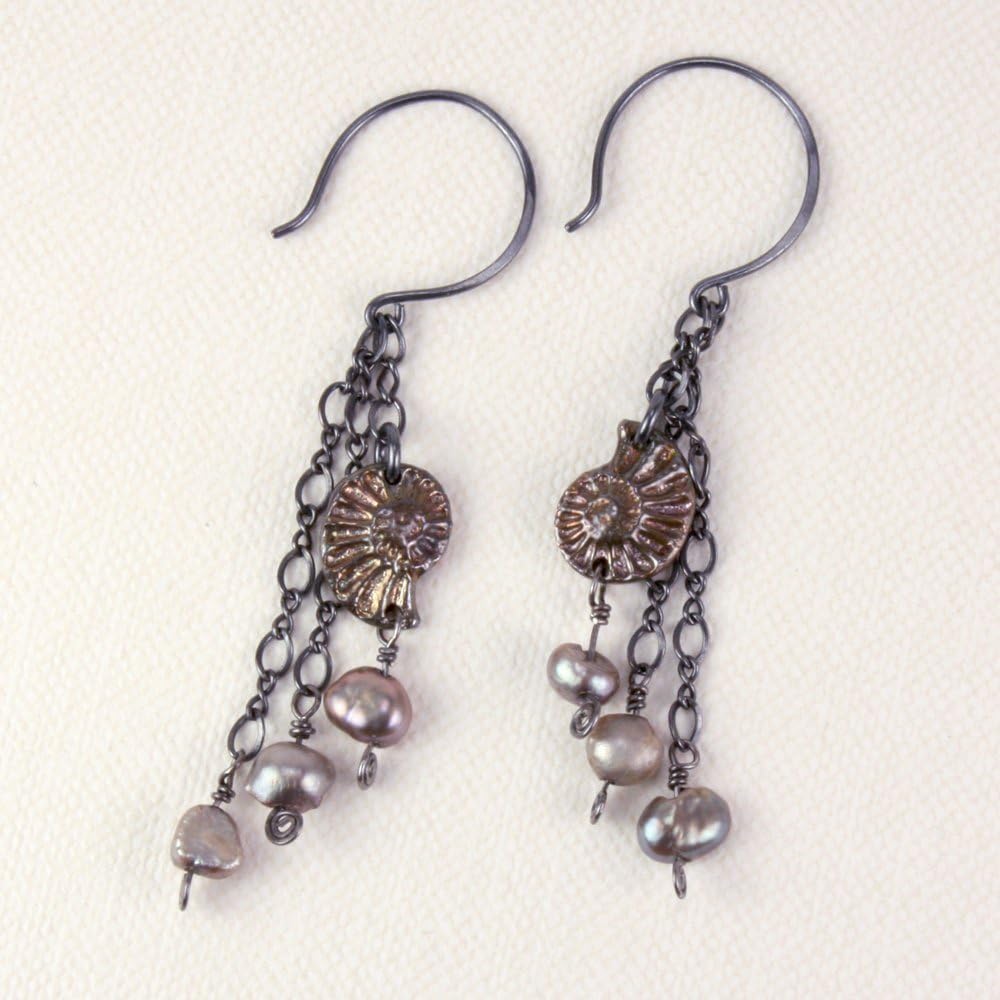 Ammonite Dangle Earrings, Sterling with Mauve Pearls