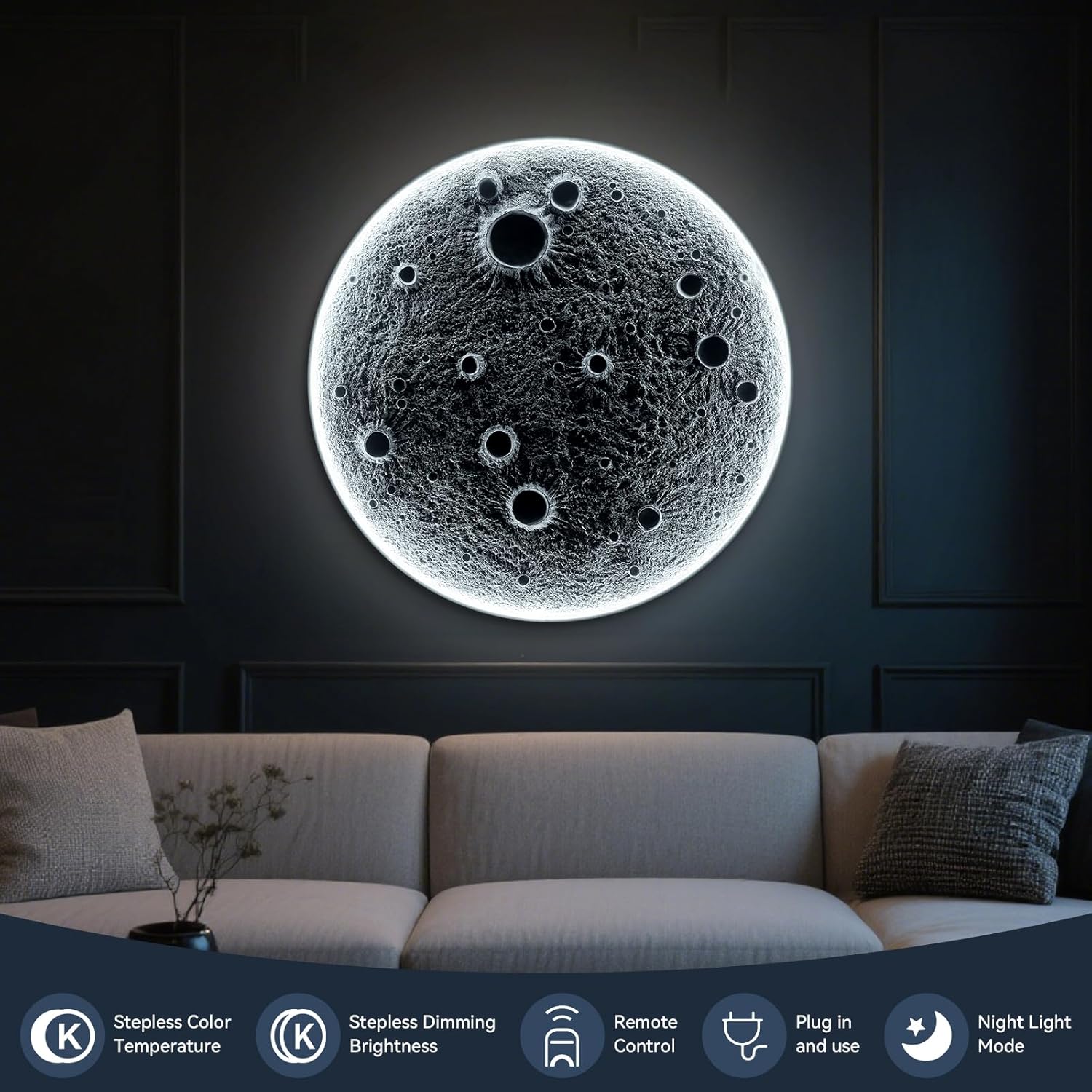 Large Dimmable Moon Wall Light with Remote Control Plug-in, Round Wall Lamp Indoor Wallmounted Ceiling Light Fixture for Living Room Hallway Bars Cafes (32" Dia.)