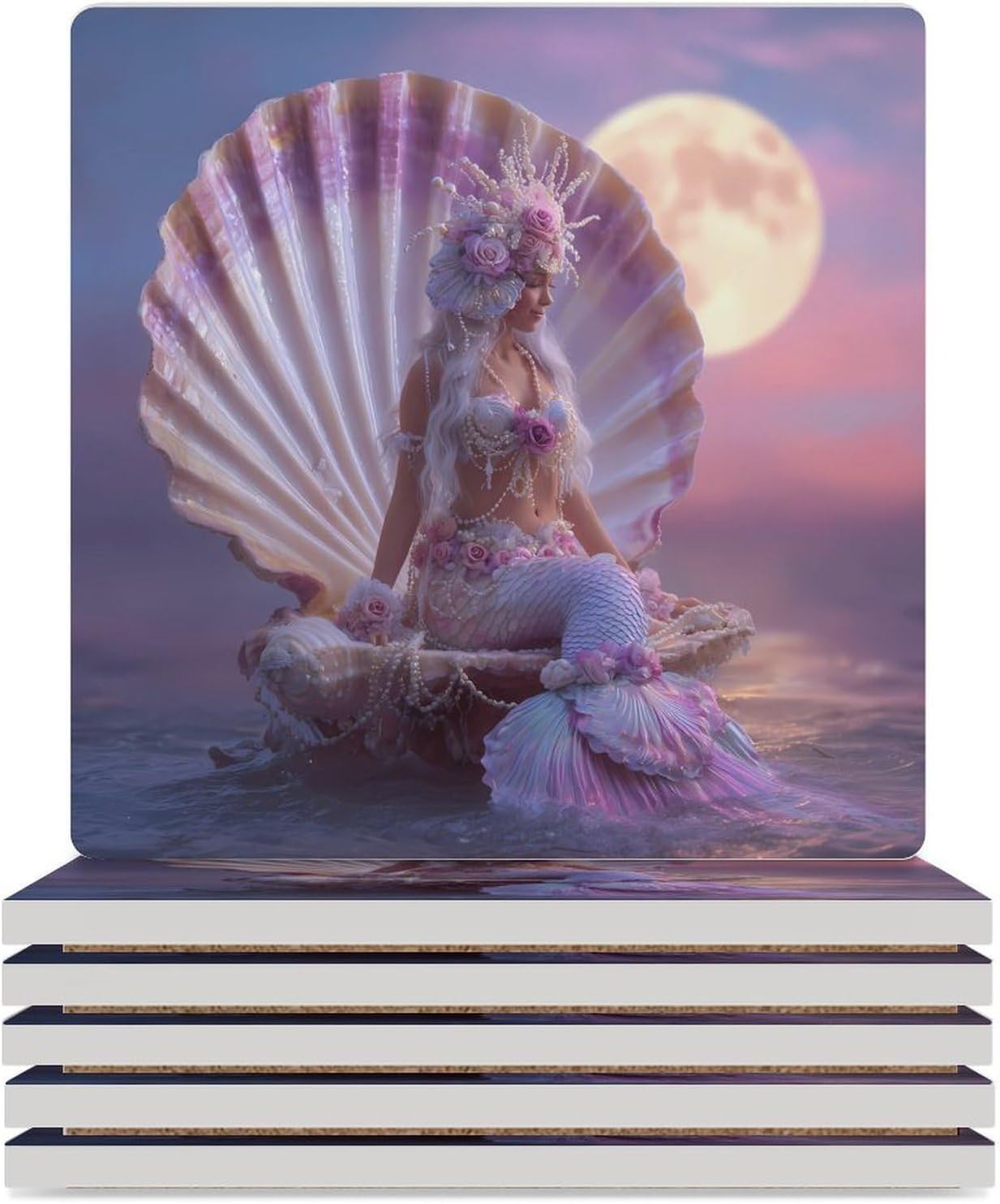 Me-rmaides Moon Coaster for Drinks Square Ceramic Table Coasters Stone Mat Crafts 6PCS Home Kitchen Decor