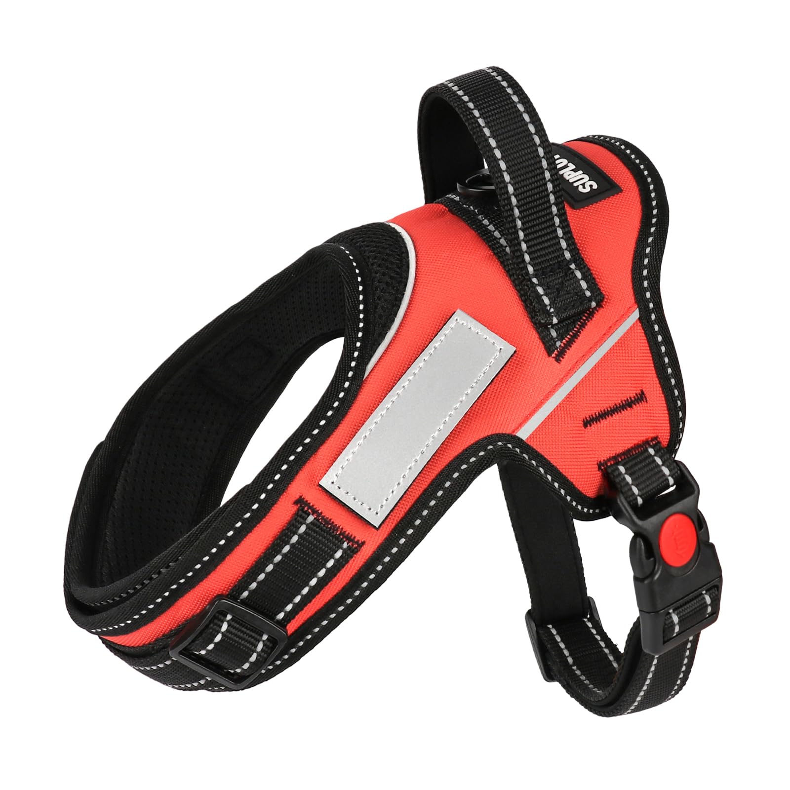 SuplutuX Soft No Pull Dog Harness - Red, Reflective Strips, Customizable Velcro Patches, Adjustable Breathable Vest with Soft Neck Pad & Locking Buckle for Small Medium Large Dogs-XL