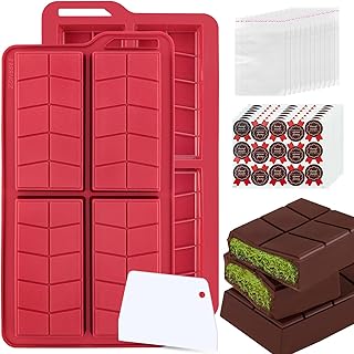 Chocolate Bar Mold 0.82inch Deep,Thick Stuffed Silicone Chocolate Molds Kit for Making Dubai Shapes Filling Chocolate Candy Bar with 2 Pack and 100pcs Bags and 104pcs Stickers