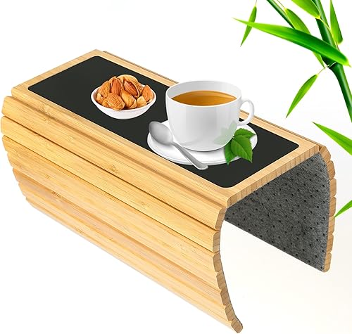 Mesa plegable de bambú para sofá, soporte de mesa para aperitivos, bebidas, teléfono, gafas, control remoto, bandeja para reposabrazos de sofá,