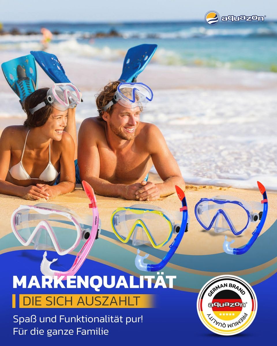 AQUAZON KORFU Wysokiej jakości zestaw do snorkelingu, zestaw do nurkowania, zestaw do pływania, gogle do snorkelingu ze szkłem hartowanym, fajka z półsuchym topem dla dzieci, młodzieży od 7-12 lat.