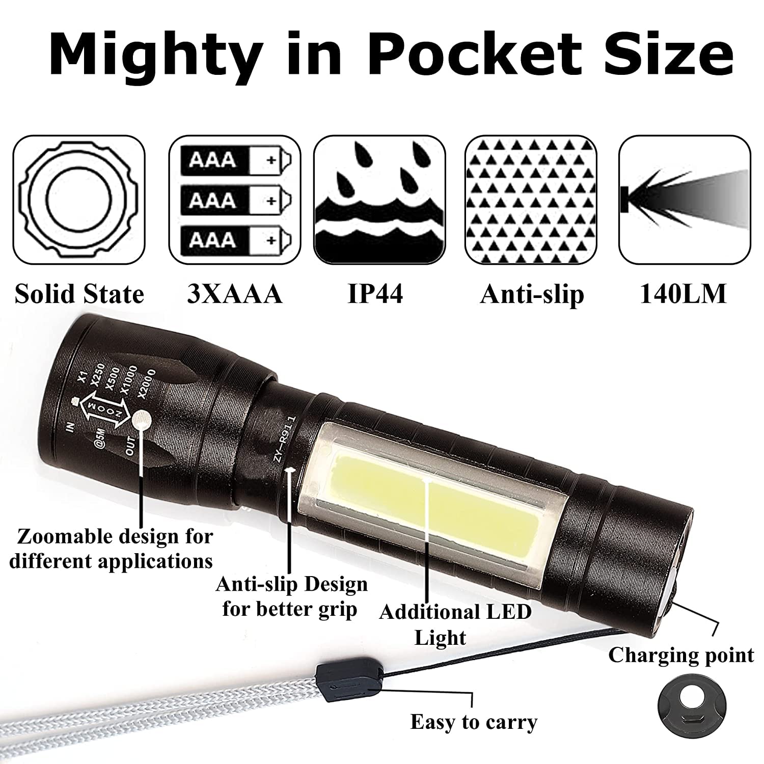Judee Cob Light Mini Waterproof Portable Led Flashlight USB Rechargeable 3 Modes Pen Clip with Hanging Rope(Black, Metal) - Image 9 thumbnail