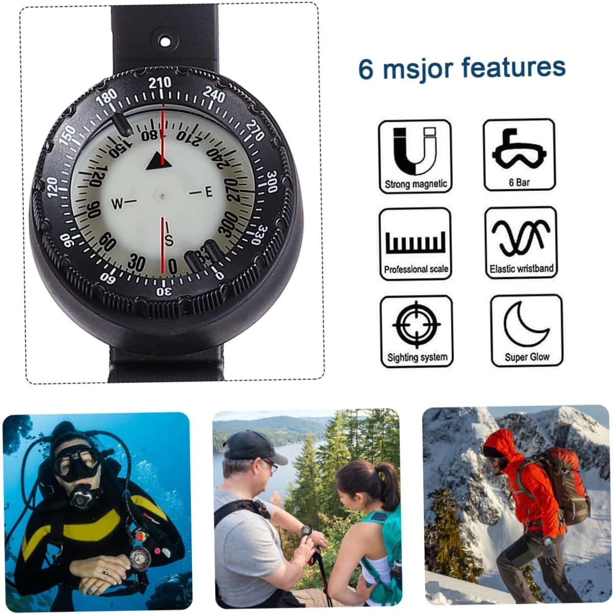Zerodeko Luminous Waterproof Wristband Compass with Balanced Needle, Outdoor Navigation Tool for Camping and Hiking, Black Sports Watch Compass for Night Use