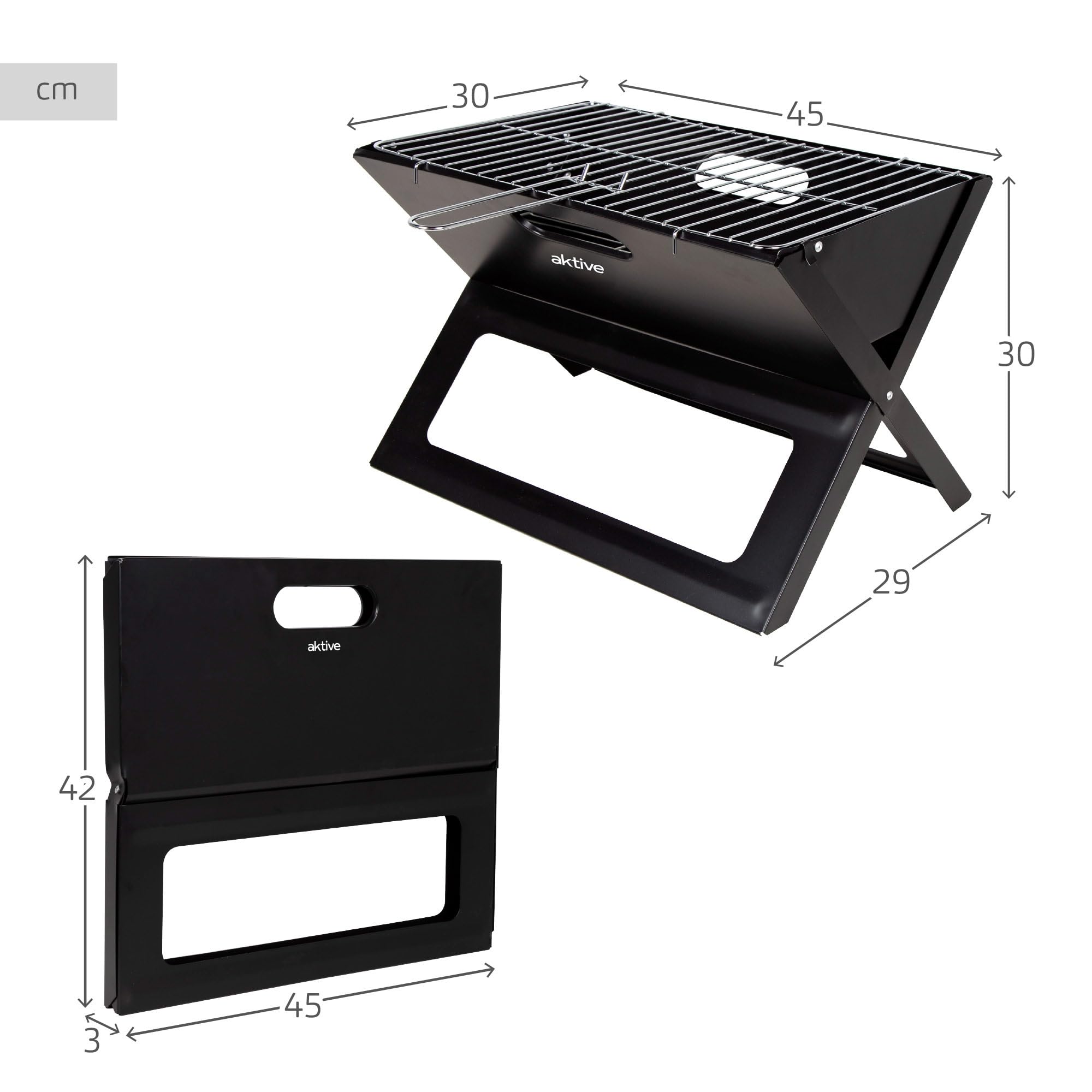 AKTIVE 63033 przenośny składany grill ze stali węglowej, czarny, prostokątny, z uchwytem do przenoszenia, wymiary 45 x 29 x 30 cm, łatwy w montażu i transporcie, grill kempingowy, taras, balkon