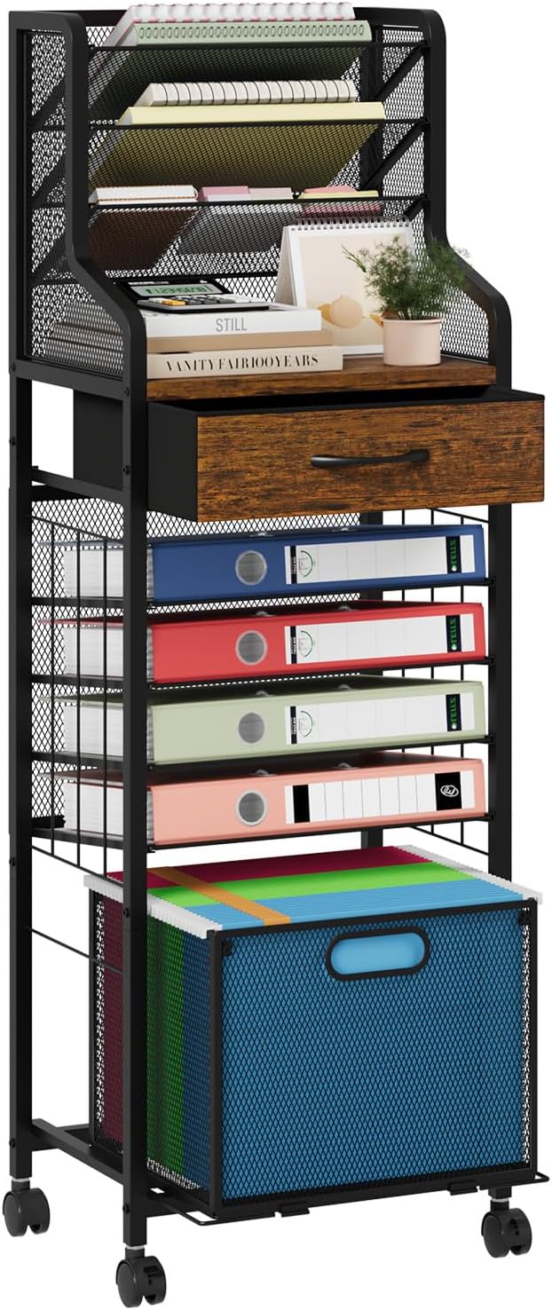 SWTYMIKI 10-Tier Rolling File Cart - Mesh Paper Organizer with Drawer & Hanging File Folders on Lockable Wheels, Rolling File Cabinet for Office Organization, Storage in Home, Studio, School, Espresso