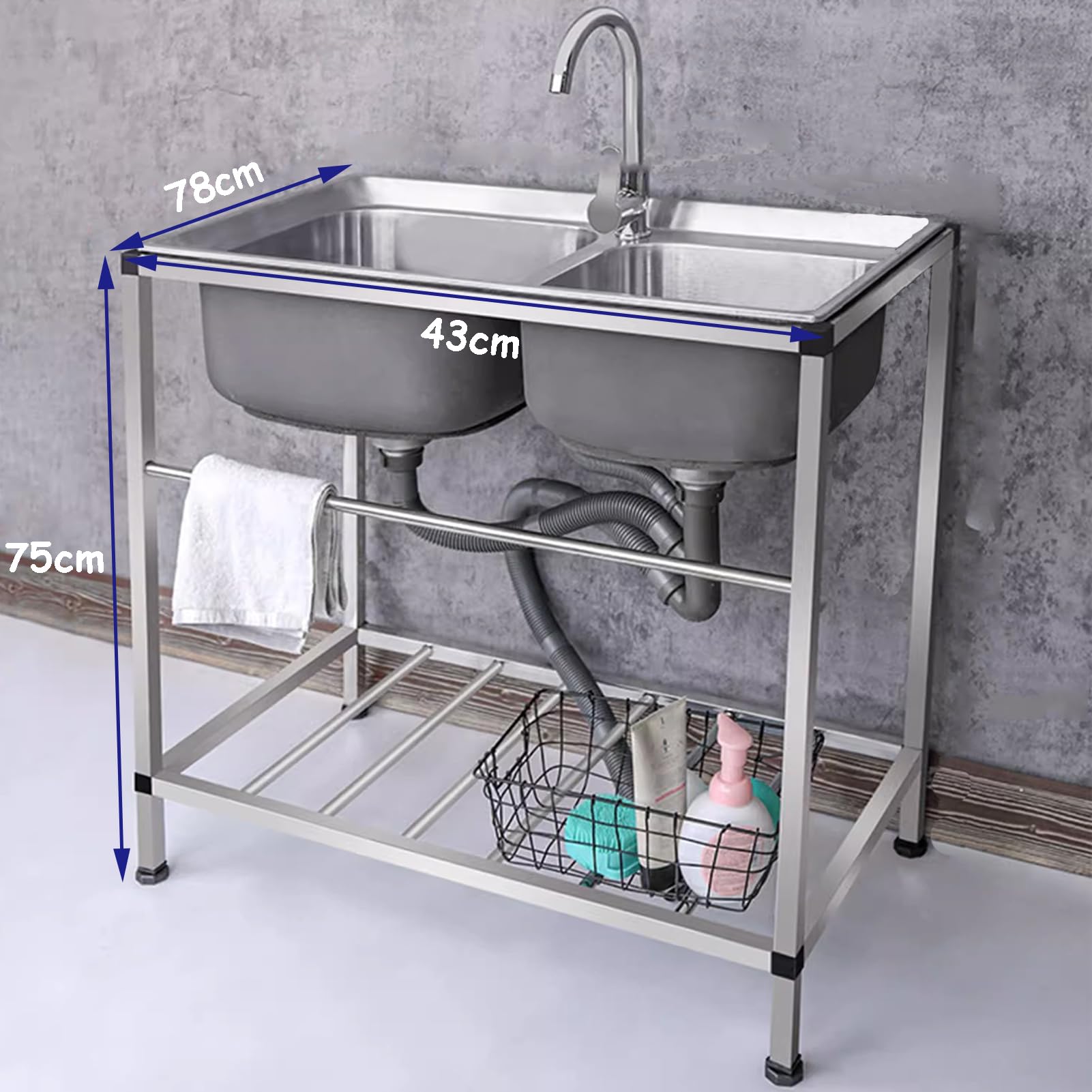 Fregadero utilitario de Acero Inoxidable para Cocina Comercial con Kit de Drenaje, Fregadero Doble Independiente con Grifo de Agua fría y Caliente, para Garaje, Restaurante, jardín