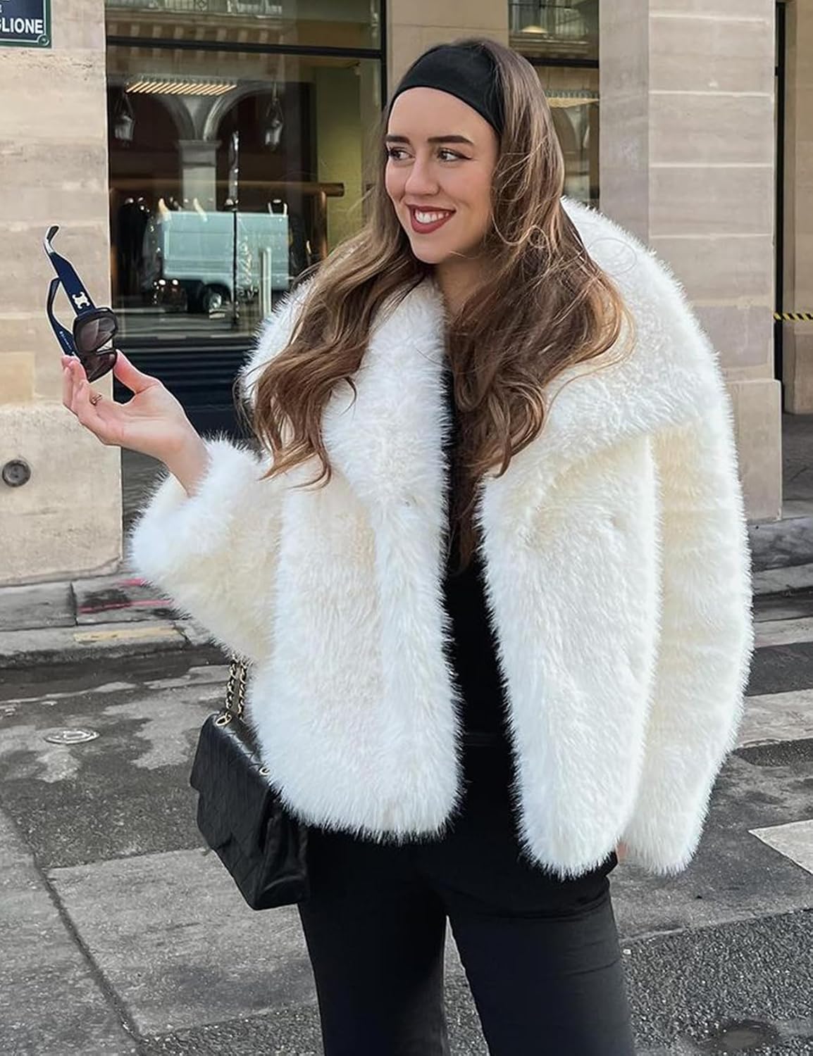 Wyeysyt Womens Faux Fur Coat Cropped Fluffy Shaggy Jacket Lapel Winter Warm Furry Short Coat - Image 3