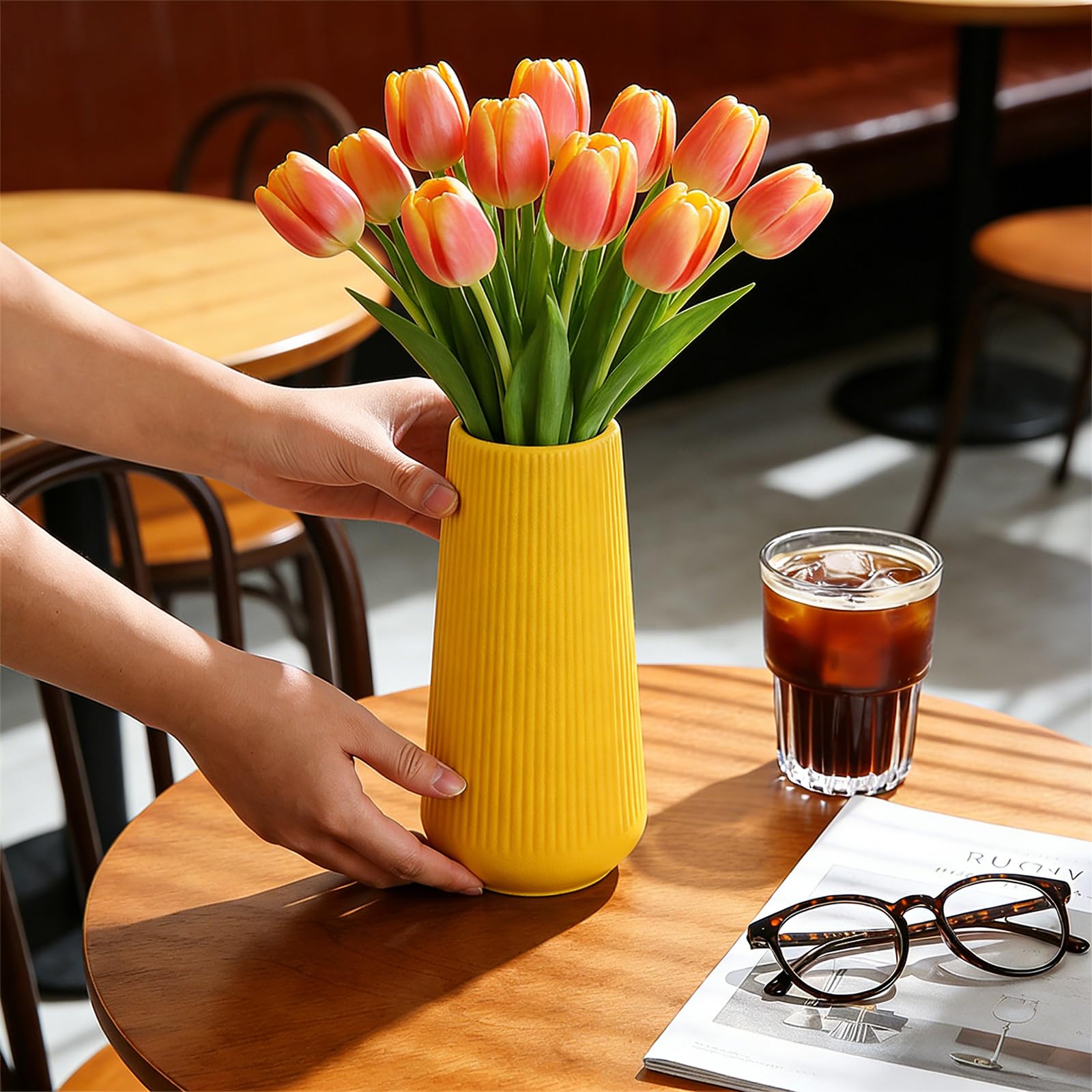 The Best Yellow Vases in 2026 1 Yellow Ceramic Vase for Pampas Grass, Modern Ribbed Matte Flower Vase, Minimalis - product photo