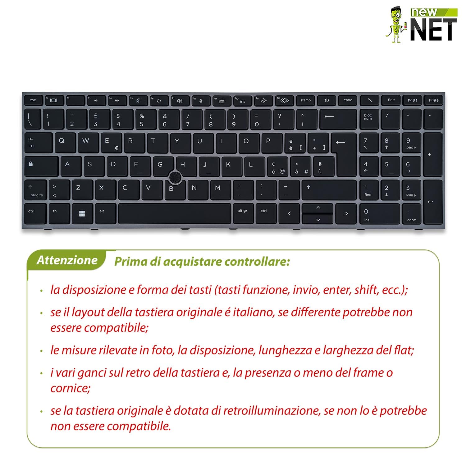 new net - Tastiera compatibile con HP Zbook Fury 15 G7, 15 G8 [Frame Grigio - Trackpoint - Retroilluminata - Layout ITA]