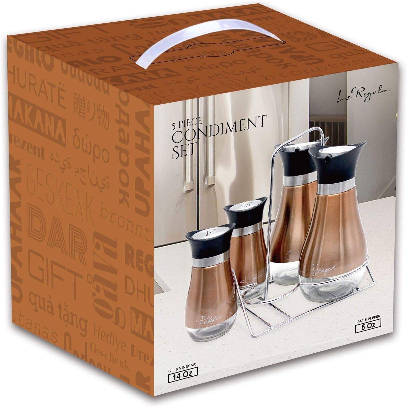 5 Piece Condiment Set, Kitchen Storage, Salt and Pepper, Oil and Vinegar Dispenser and Rack, Copper