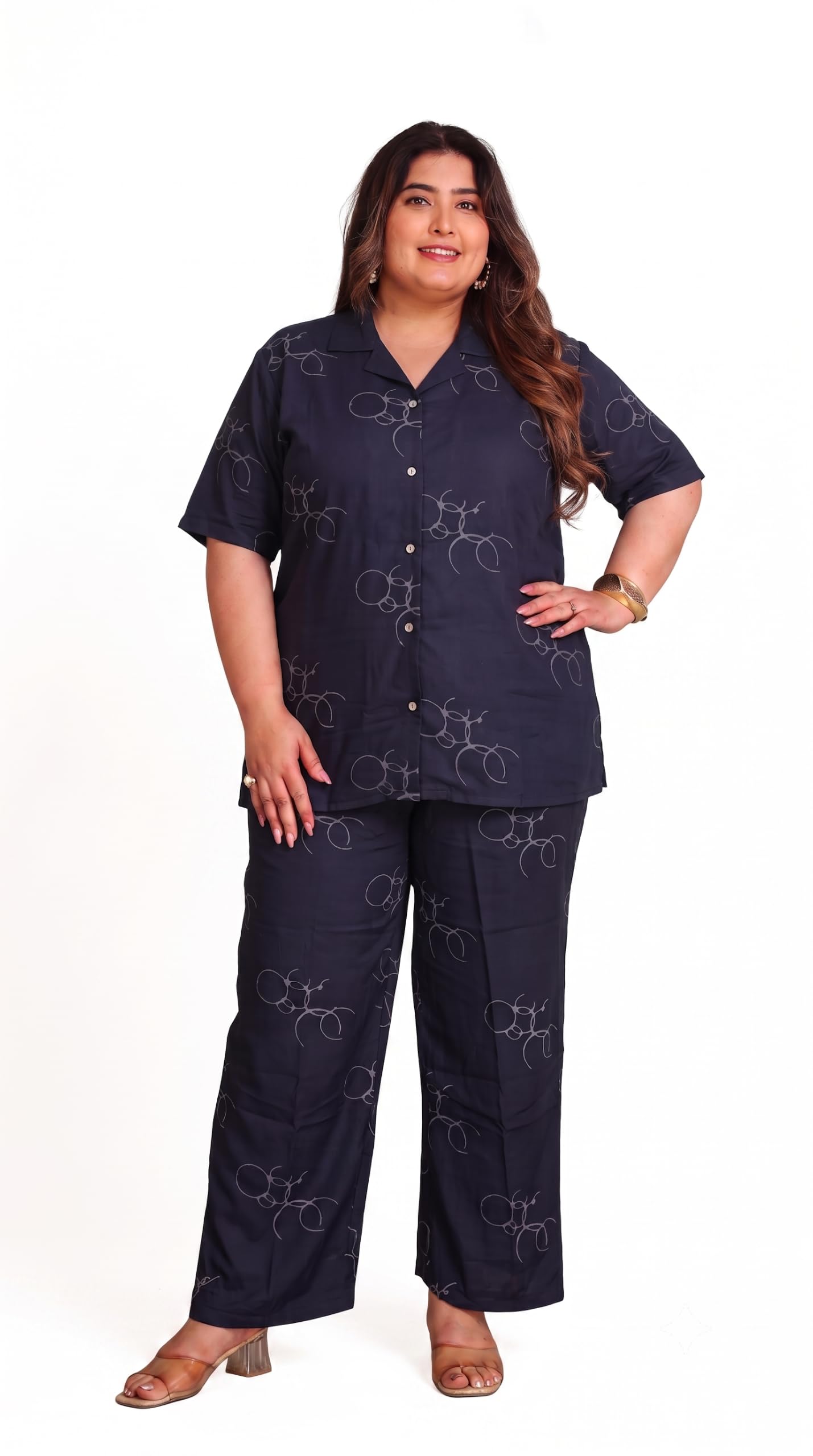Women Abstract Print Rayon Shirt & Pyjama Nightsuit | Shirt Collar & Short Sleeves | 2 Pockets & Elasticated Waist Pyjama | Comfortable Plus Size Nightsuit-image-43