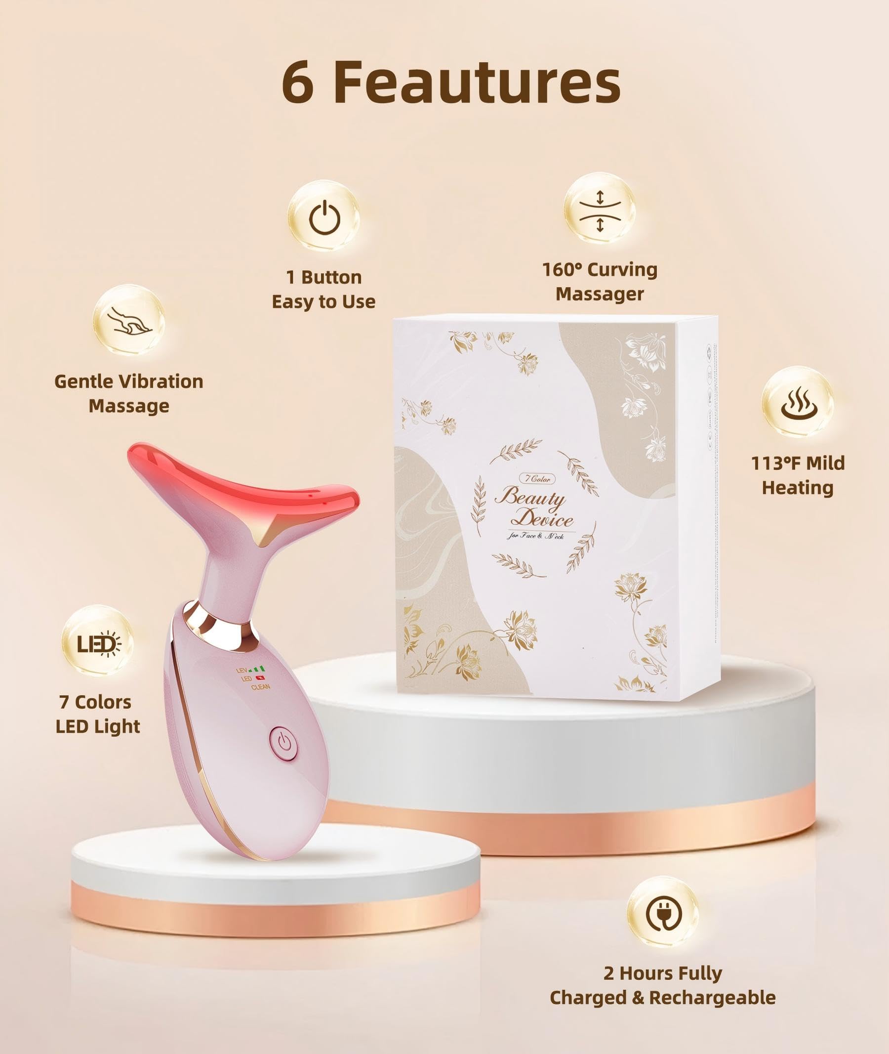 7 Color Face and Neck Massager Light Therapy, Red Light Based Facial Massager for Skin Care, Firming, Smoothing (Pink)