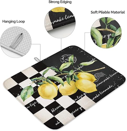 Miniatura 4 de Tapete de secado de platos de limón tropical de verano para encimera de cocina, búfalo a cuadros de microfibra absorbente de color negro y blanco,