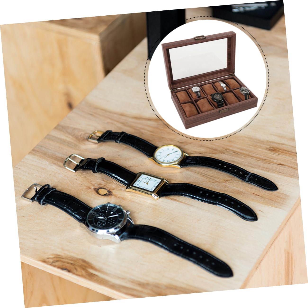 Scatola Porta Orologi in Legno Pu, 10 Scomparti, Coperchio Trasparente, Protegge da Polvere e Graffi, per Collezione e Uso Personale