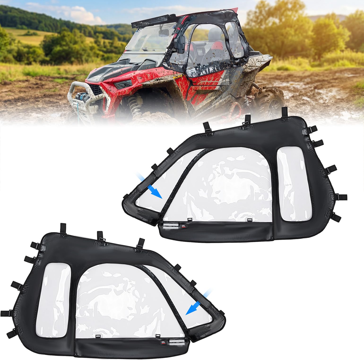Photo 1 of **RIPPED PLASTIC**KEMIMOTO Soft Cab Enclosures & 2 UTV Dome Light Compatible with Polaris RZR XP 1000 / XP Turbo 2014-2023, UTV Upper Doors Fit with Side Mirrors YKK Zippers (Cab Enclosures)