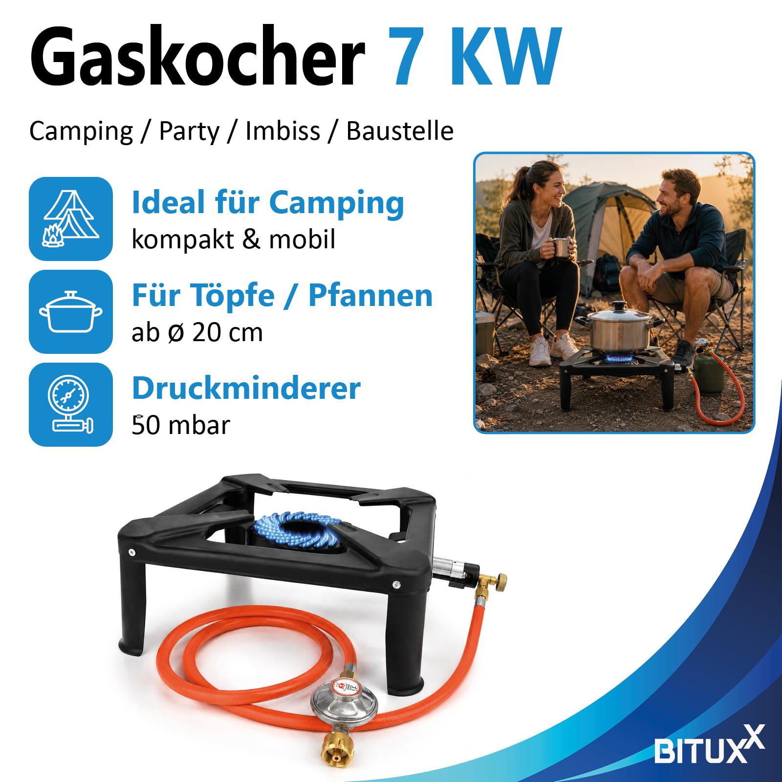 Gaskocher Hockerkocher 7KW Campingkocher Propan Gasbrenner Gasschlauch 1,5 M Druckregler