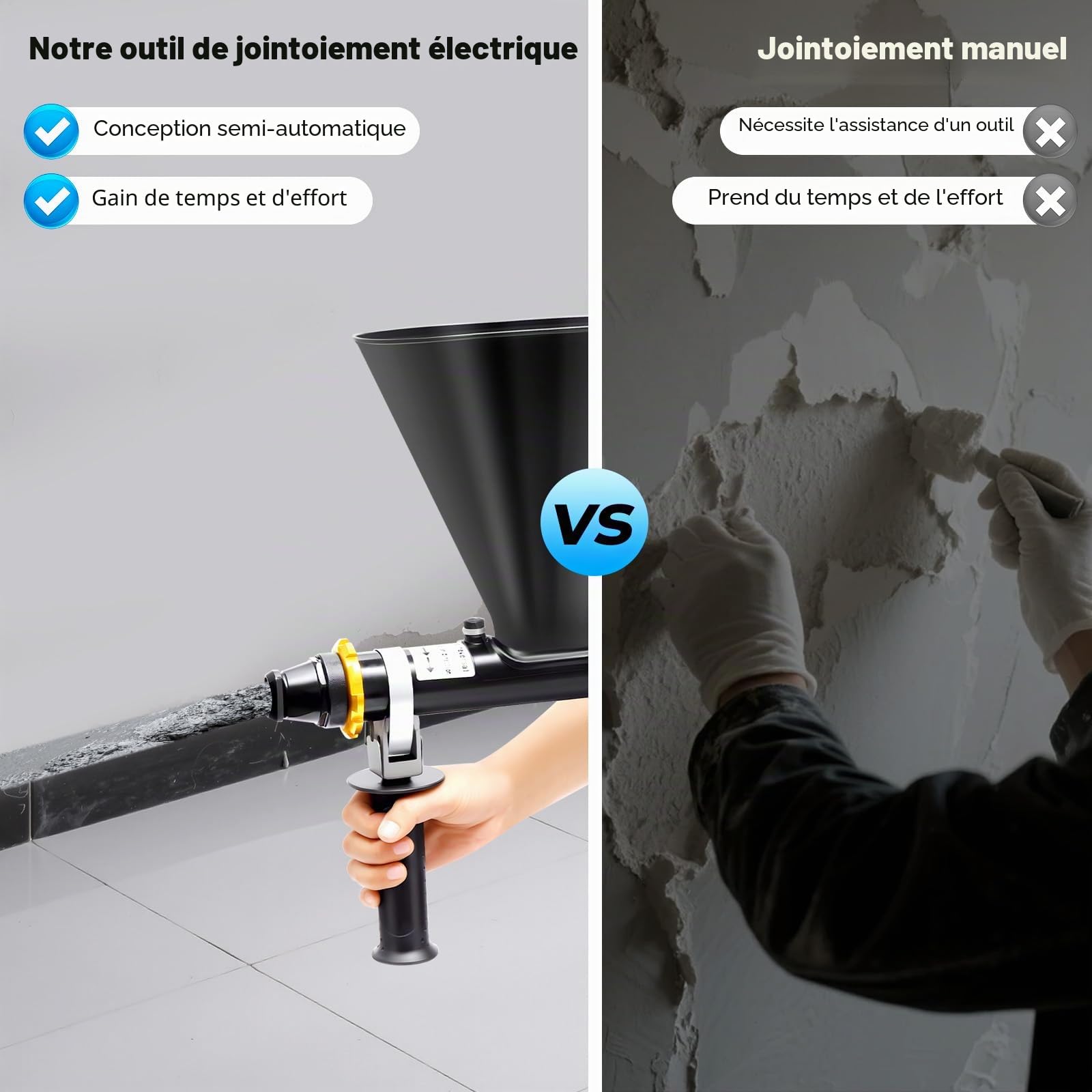Outil de jointoiement électrique - 700 W - Pistolet à joint avec 2 buses (buses plates et rondes à graisser) - Pistolet à joint de ciment pour les surfaces qui doivent être remplies de ciment