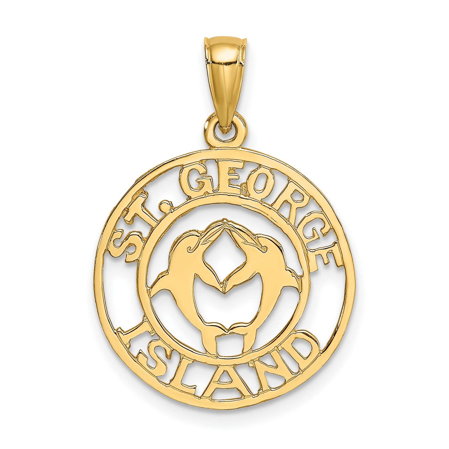 ST. GEORGE ISLAND DISK with DOLPHINS Charm In Real 14k Yellow Gold 19 mm x 19 mm, 19 mm x 19 mm, Metal, No Gemstone