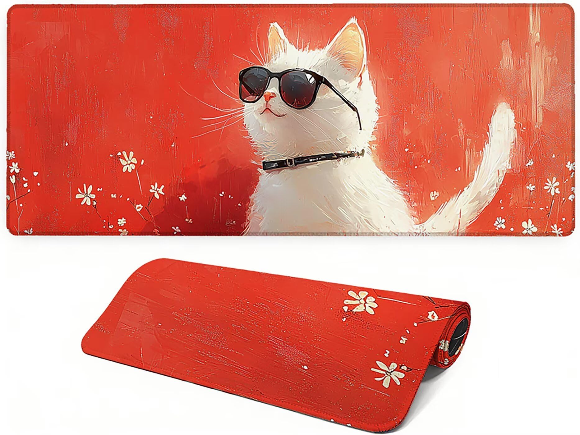 Lpfieonn Katze Schreibtischunterlage XXL, Rot Schreibtischunterlagen Großes, Gaming Mousepad XXL mit ernähter Rand und Rutschfeste Gummibasis, Wasserdicht Desk Mat für PC/Laptop/Mausa 120x60cm PF-2936