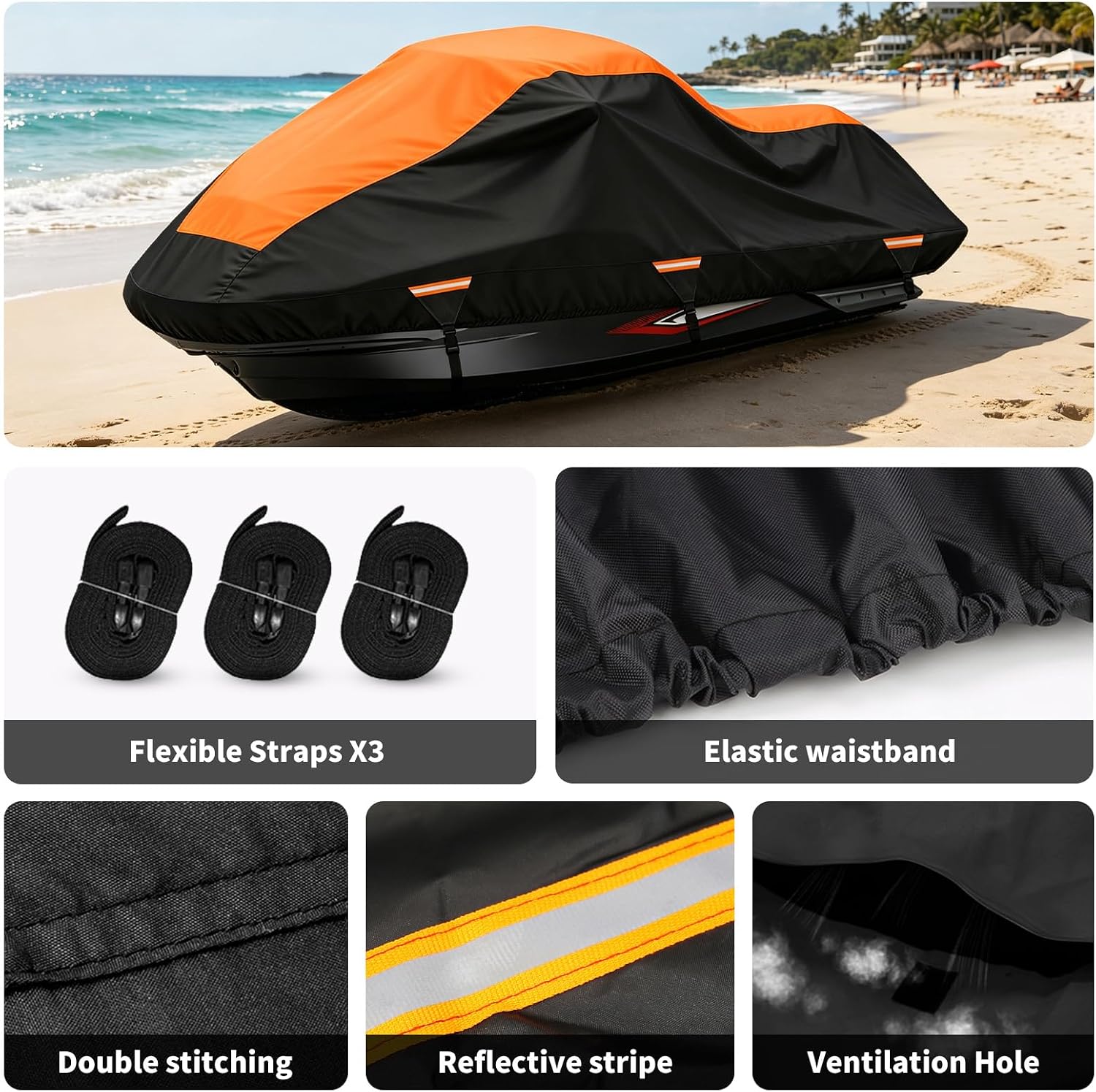 Jet Ski Cover Heavy Duty PWC Cover with Air Vents and Reflective Strips, Fits from 116" to 125" 2 3 Seater Compatible with Kawasaki STX Yamaha RXP(Black&Orange)