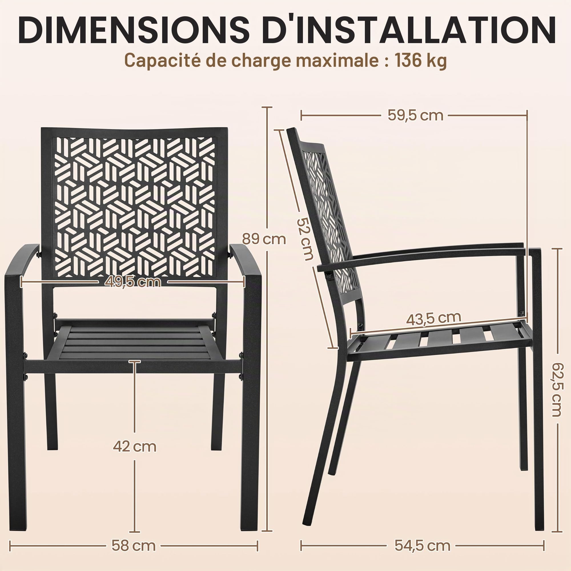 Yaheetech Lot de 2 Chaise de Jardin Chaises de Terrasse Extétieur Empilable en Métal Chaises de Salle à Manger 58 L×59,5 P×89 cm pour Patio Jardin Balcon Terrasse Noir