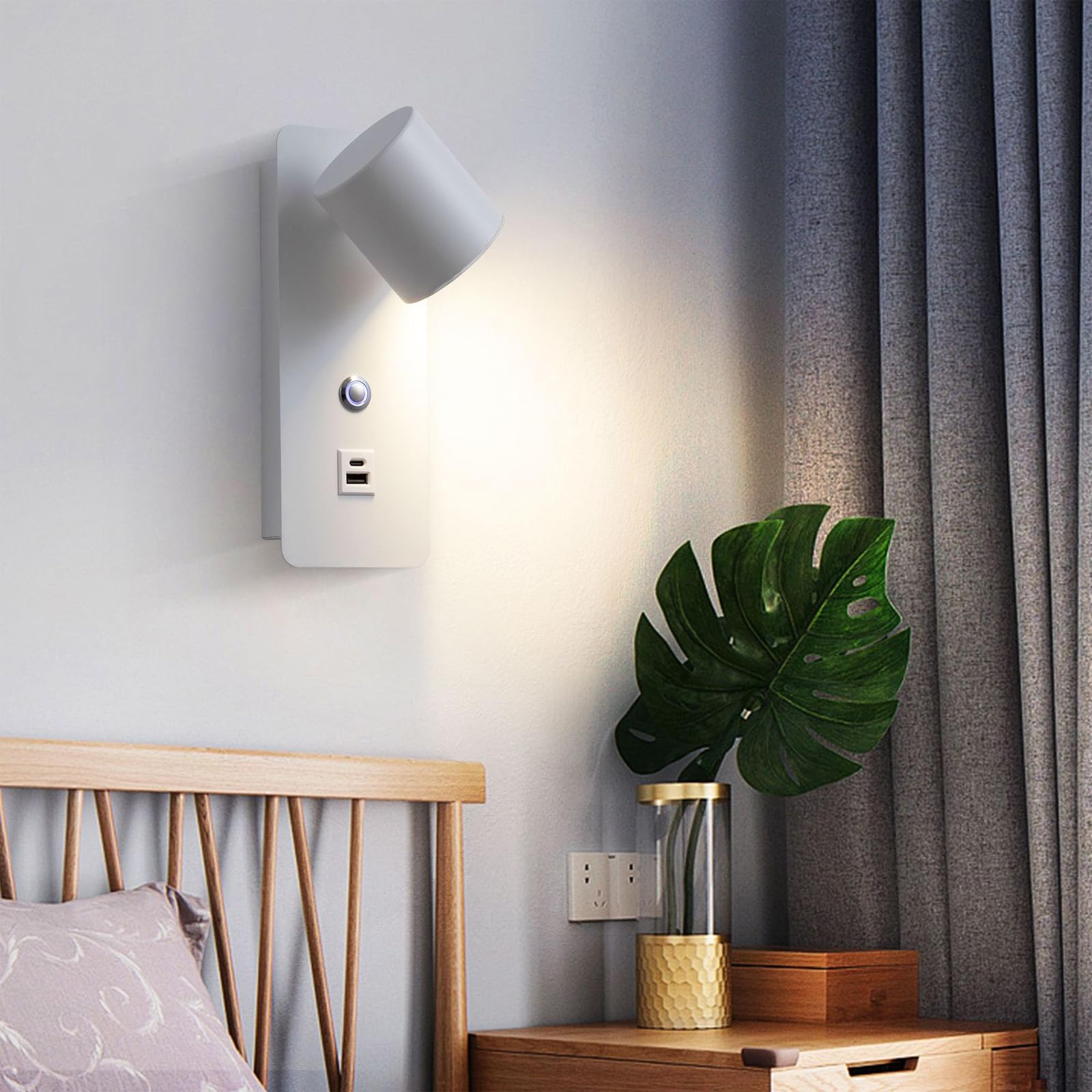 Interni Lettura LED Applique da Parete con Tattile Controllo Interruttore Luce da Parete 3000K/4000K/6000K Dimmerabile Lampada da Parete con USB Ricarica Porte per Corridoio (Oro)
