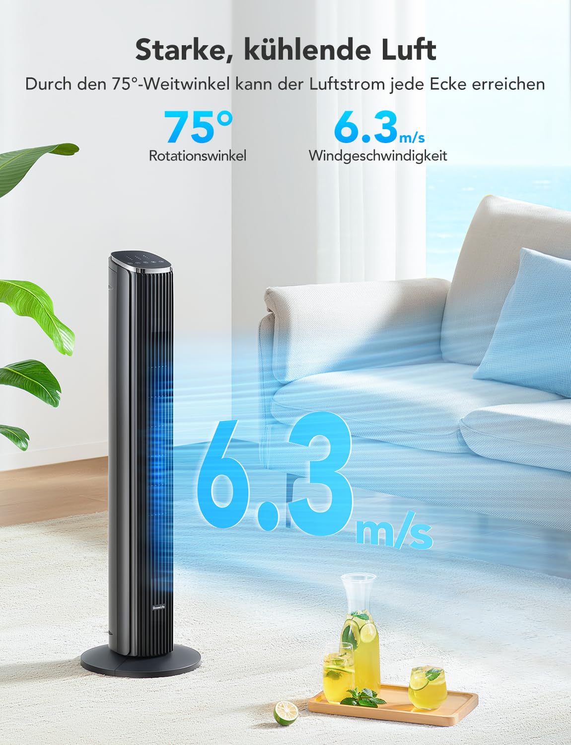 GoveeLife Intelligente leiser Turmventilator, 75° Oszillierende Ventilatoren mit App- und Sprachfernbedienung, 6.3m/s Geschwindigkeit 8 Geschwindigstufen 5 Modi 24 Std-Timer, mit Kühlung