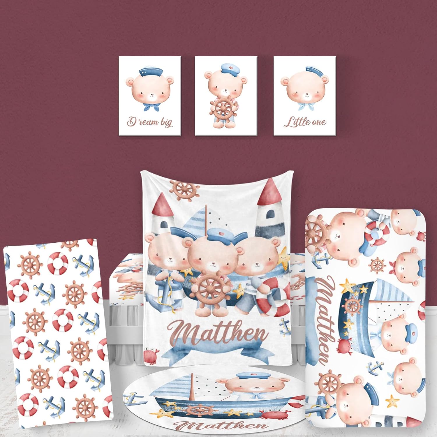 Custom Baby Crib Bedding Set, 5 Pcs Personalized Sailor Bear Bedding Set with Name, Soft Blanket Fitted Sheet Pad Cover Rug for Girls Boys New Parents Baby Shower Toddlers Gifts Nursery Decor