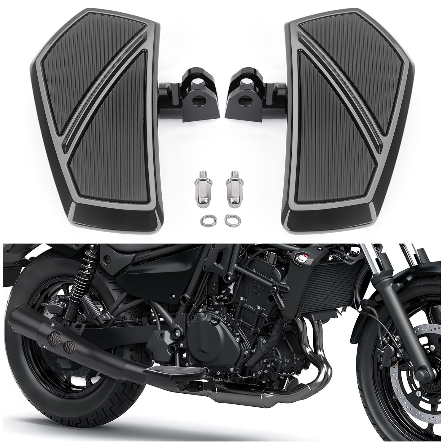 Anti-Slip Rider Floorboards Compatible with Honda Rebel 300 500 CMX300 CMX500 2017-2025 Front Footpegs Driver Aluminum Highway Pegs Accessories (Gloss Black B)