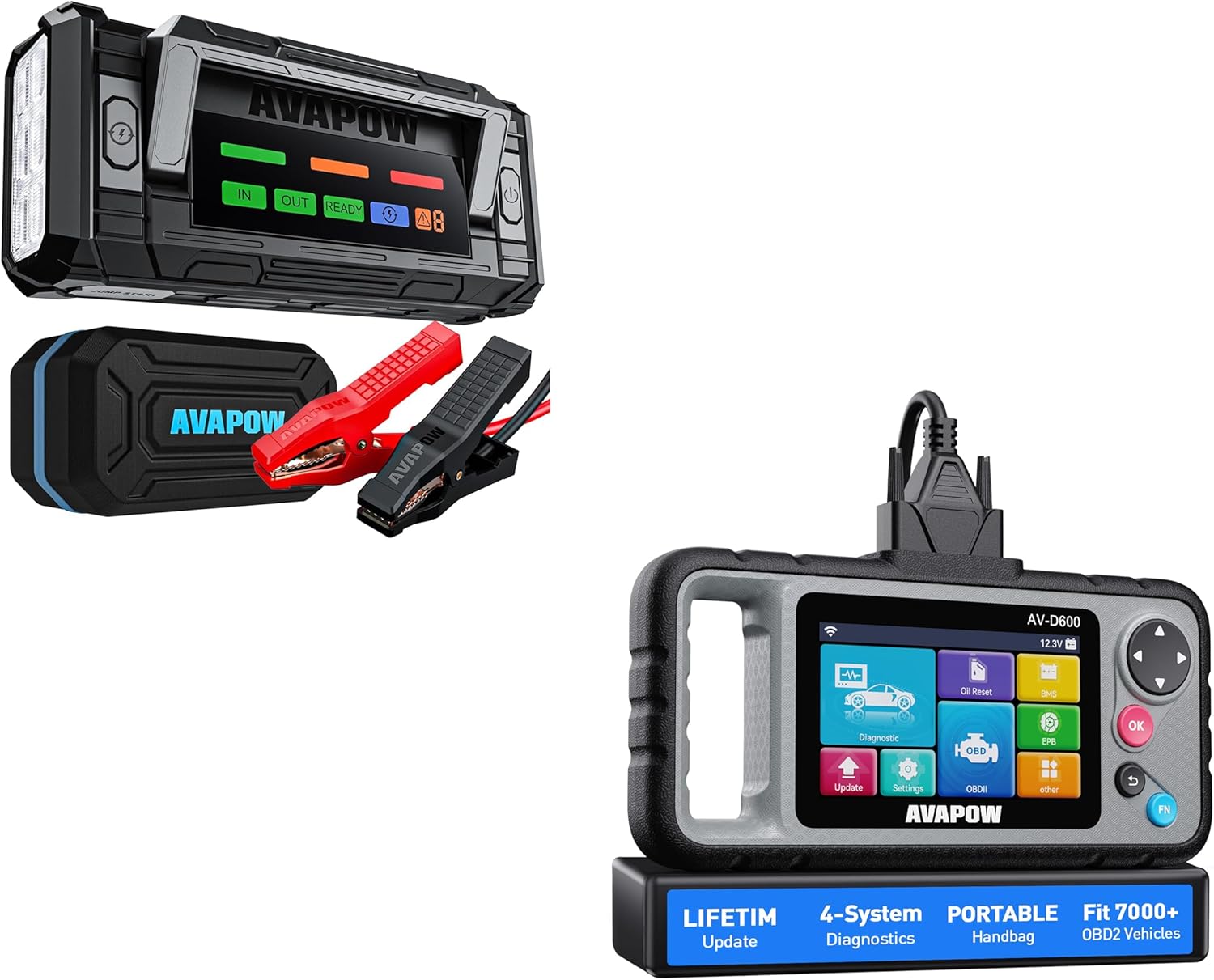 Avapow TJ58 Jump Starter 8000a with Avapow 2025 4-System Diagnostics Obd2 ScannerC