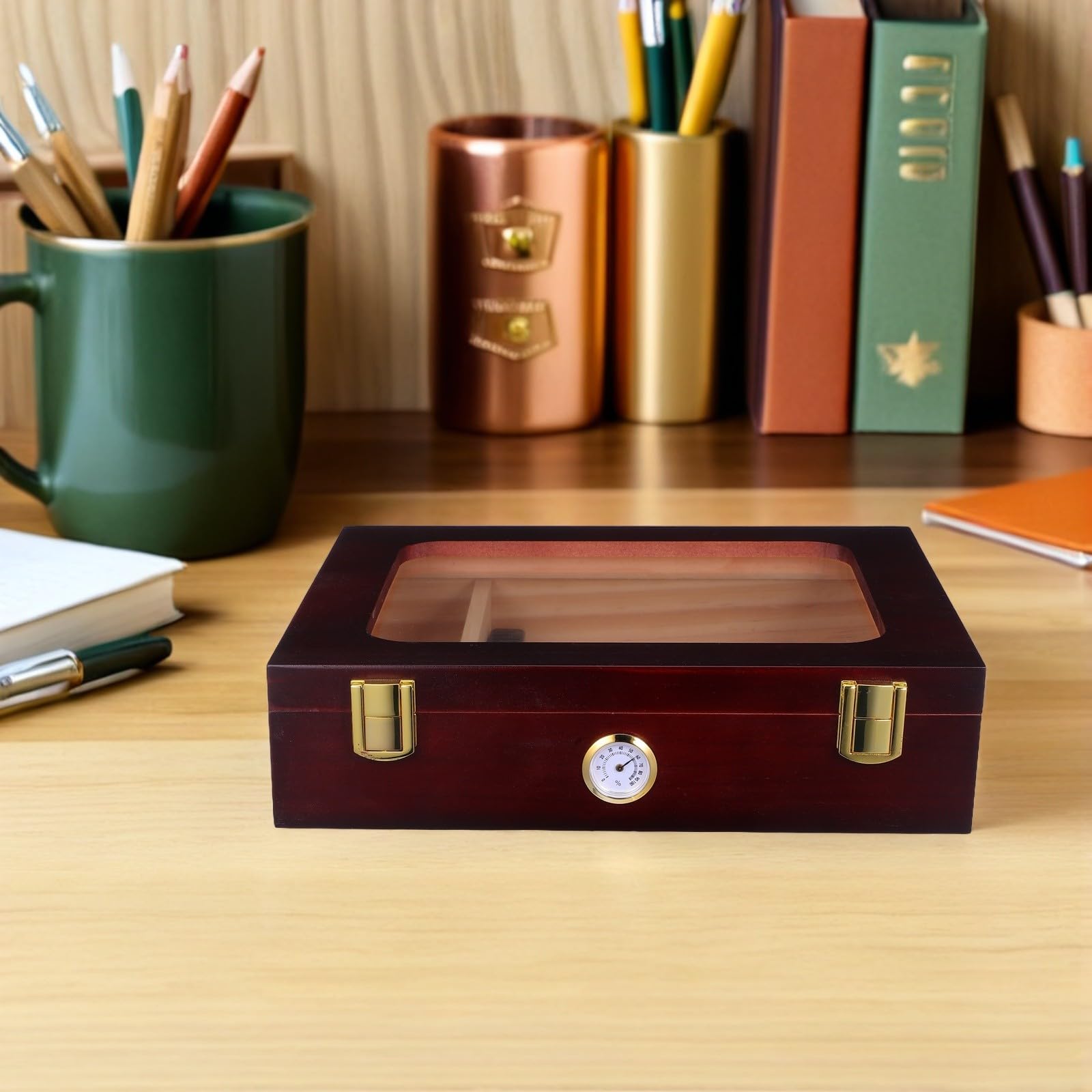 HOMSFOU Humidor Zigarren Elektrisch mit Präziser Feuchtigkeitskontrolle Glasdeckel und Hygrometer Braun Holz Zigarrenbox für Reise und Zuhause als Dekorative Zigarren Feuchtigkeitsbox