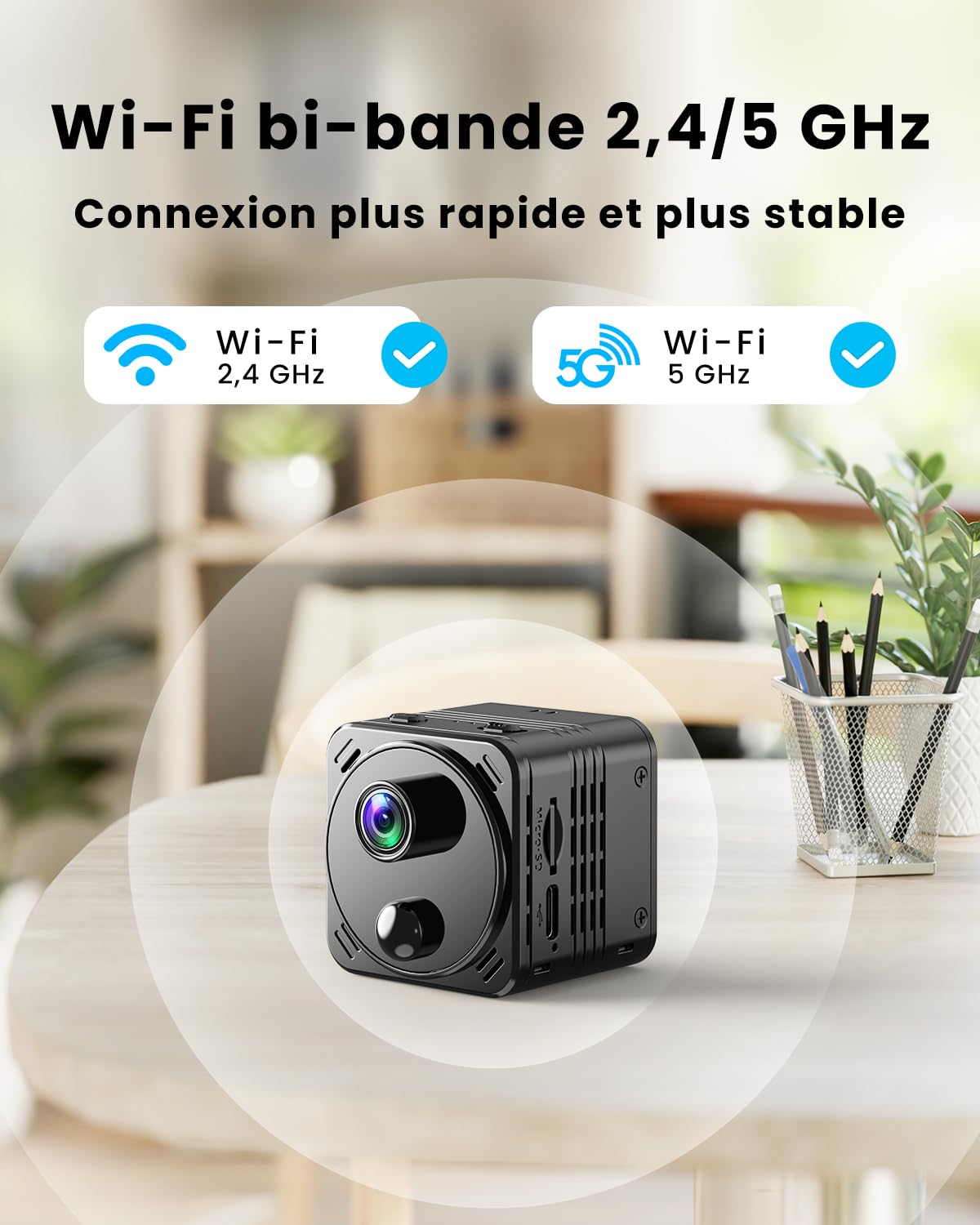Mini caméra espion cachée 4K 2,4 G/5 G WiFi sans fil avec vision nocturne, détection de mouvement AI, stockage Cloud et SD, longue durée de vie de la batterie