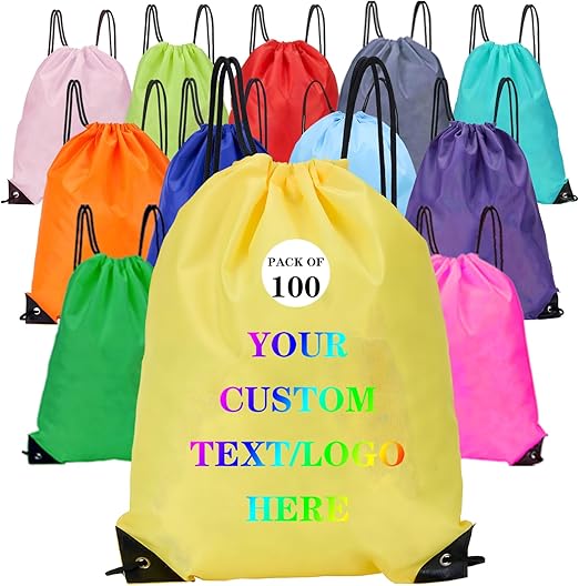 Custom Bags With Your Logo Set of 100 Custom Backpack Draw String Bags Pack Bulk for Travelling Swimming Gym Everyday Use (Yellow)