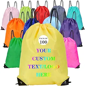 Custom Bags With Your Logo Set of 100 Custom Backpack Draw String Bags Pack Bulk for Travelling Swimming Gym Everyday Use (Yellow)