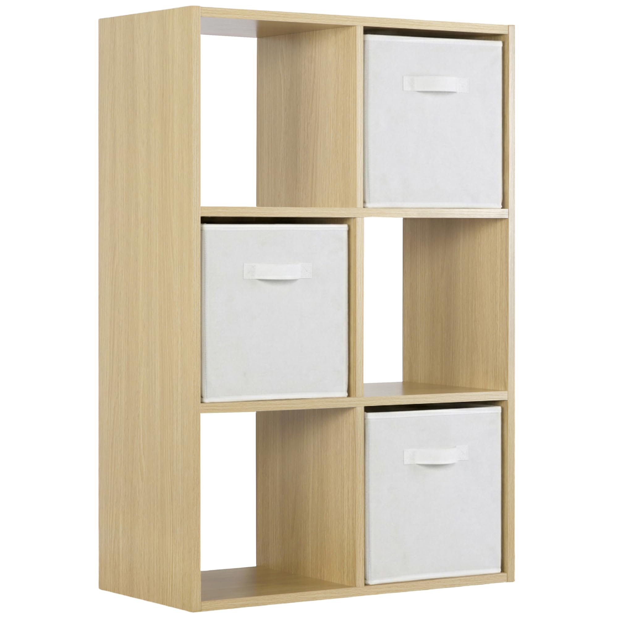 Charles Jacobs Modern Oak Effect 6 Cube Storage Shelving Unit + 3 White Fabric Drawers
