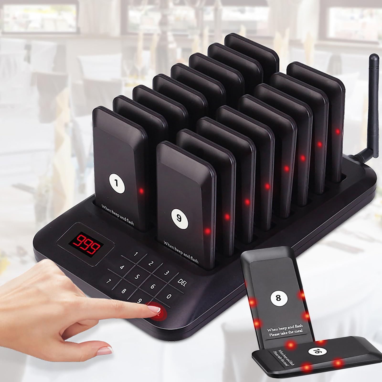 Pager Restauracyjny, 300m Bezprzewodowy System WywołAwczy, Z 16 Pagerami, 2 Tryby WywołAnia, Bateria 300mah - 20 Godzin, Z Ekranem Dotykowym, Do Restauracji/Hotelu/Kawiarni,Black