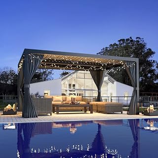 MELLCOM 10x12 Louvered Aluminum Pergola with Adjustable Roof, Waterproof Curtains & Nets - Gray Outdoor Gazebo