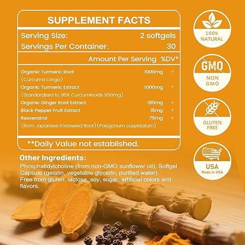 Miniatura 2 de Suplemento de cúrcuma de 2275 mg, 95% de curcumina, curcumina liposomal para una mejor absorción, suplemento de curcumina para apoyo articular,