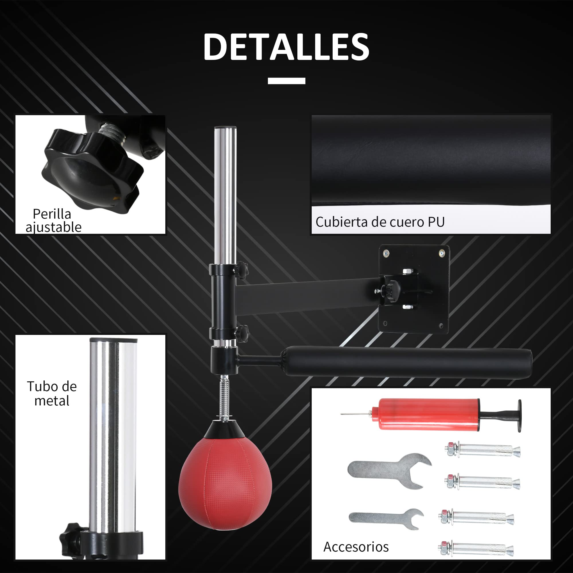 HOMCOM Bola de Velocidad de Boxeo Montado en Pared Altura Ajustable con Barra Giratoria e Inflador Punching Ball para Adultos y Adolescentes 79x72x20 cm Negro y Rojo