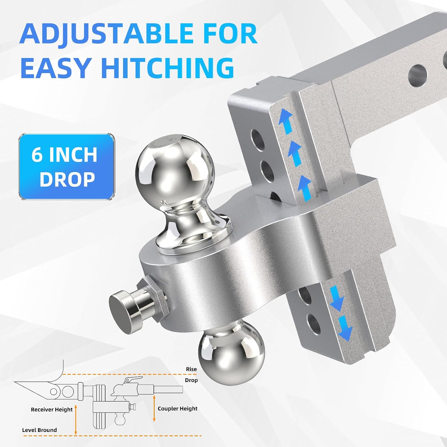 Adjustable Trailer Hitch, Drop Hitch Fits 2 Inch Receiver, (2" x 2-5/16") Dual Ball Mount Aluminum Tow Hitches, 6'' Drop/Rise - 12,500 LBS GTW for Trucks, RV, Camper etc