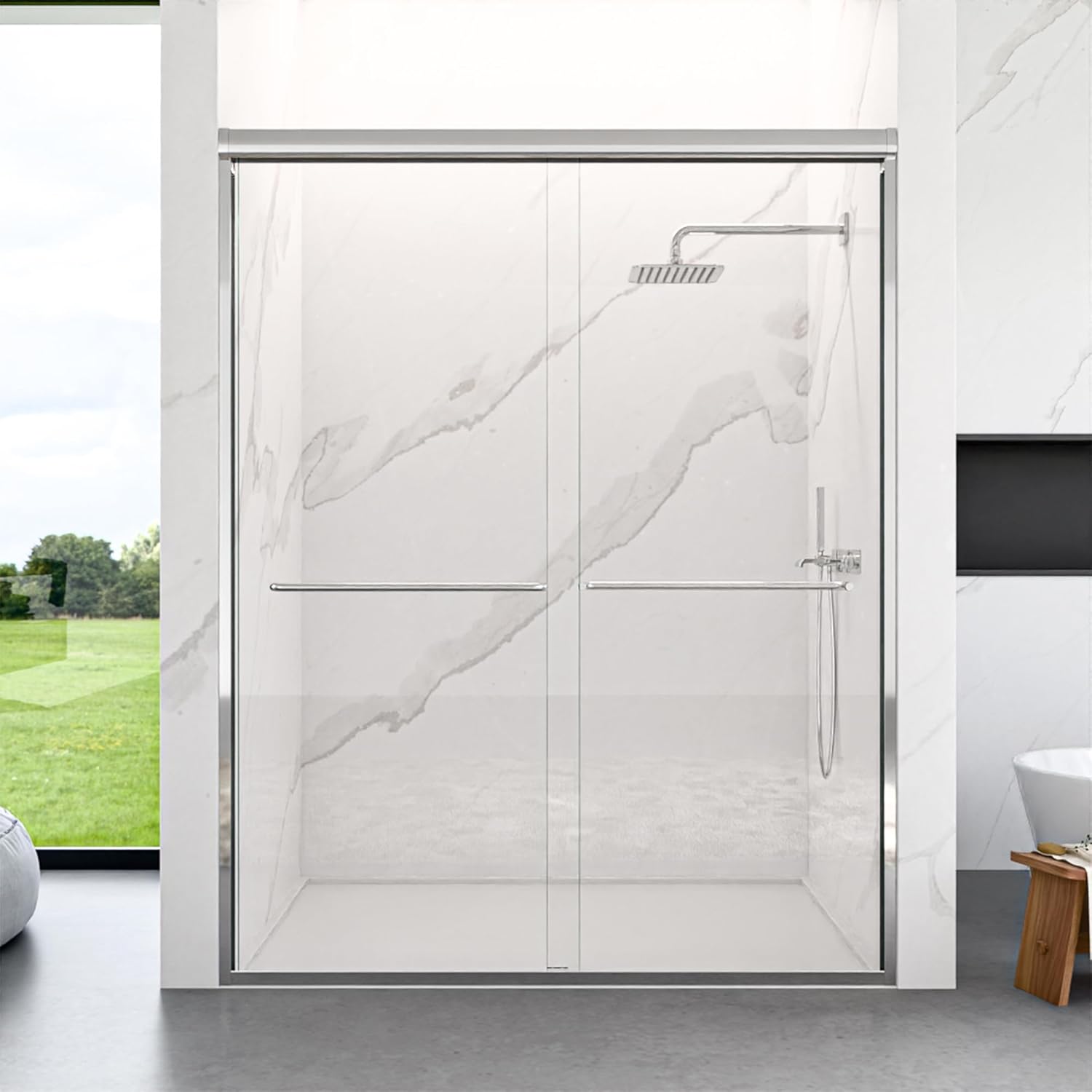 56-60inx72 H Aluminum Frame Double Sliding Shower Doors, 6mm SGCC Tempered Glass Door w/Stainless Steel Handle, Shatterproof, Waterproof Design for Modern Bathrooms, Chrome