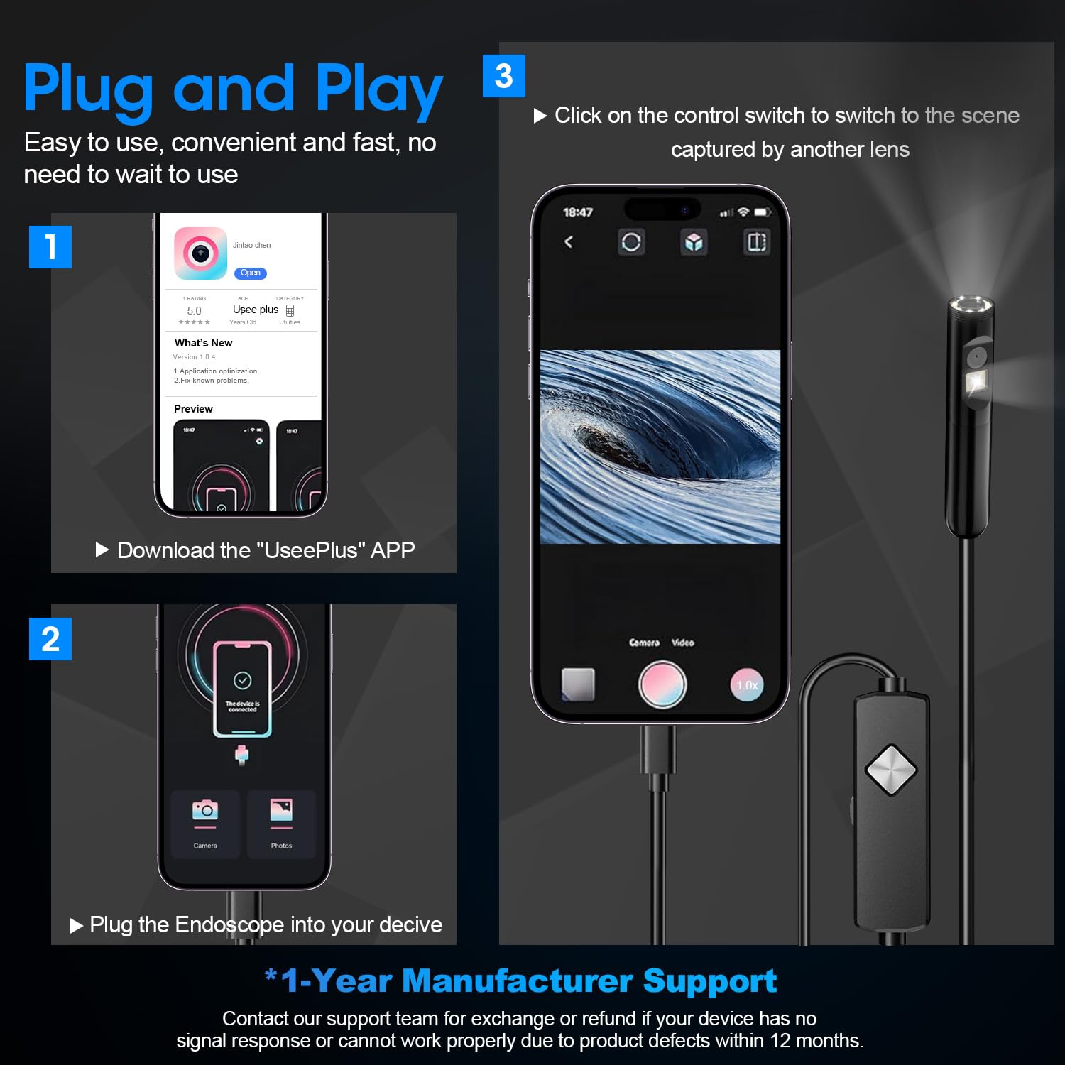 Endoskop ze światłem, boroskop HD 1920P z 8 regulowanymi diodami LED, półsztywna kamera wężowa, wodoodporne narzędzie inspekcyjne IP67 do iPhone'a i Androida - podwójny obiektyw