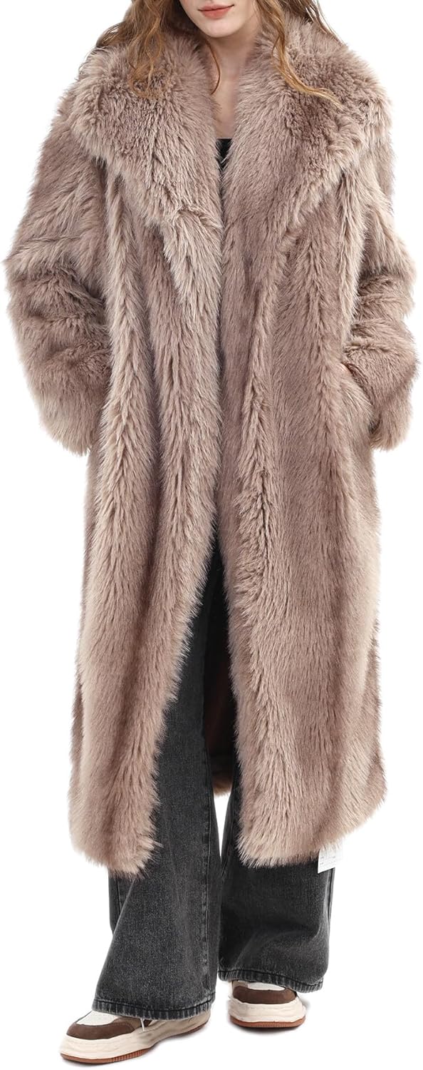 Amazhiyu Women's Faux Fur Jacket Long Open-front Coat Winter Lapel Outerwear