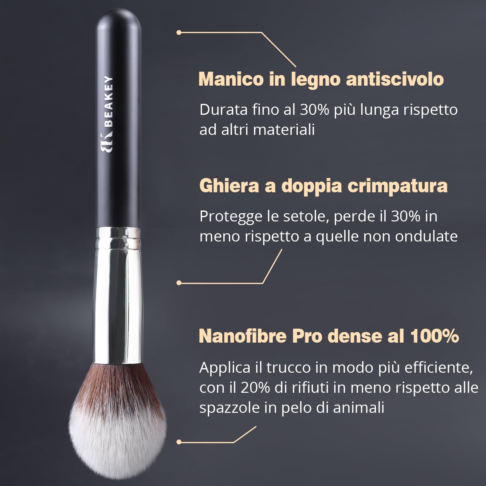 BEAKEY Set Pennelli Make up Premium synthetic pennelli trucco per fondazione cipria fard, ombretto, Set di pennelli make up, kit con spugnetta e Blender Beauty (10 + 2 pezzi, nero/argento)