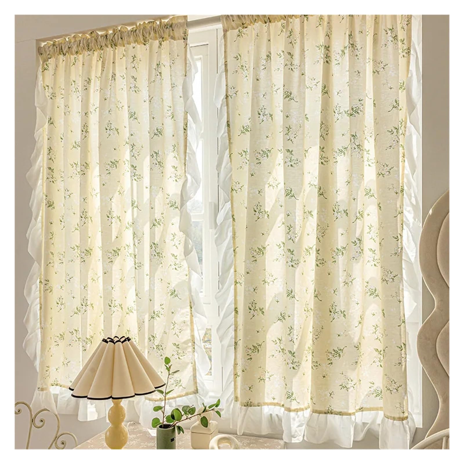DFGRGRV Ruffle Curtains Daisy Curtains, Ruffle Trim Translucent, Floral Farmhouse Window for Kitchen Dining Living Room, 1panel(1 panel A,W150xH120cm)