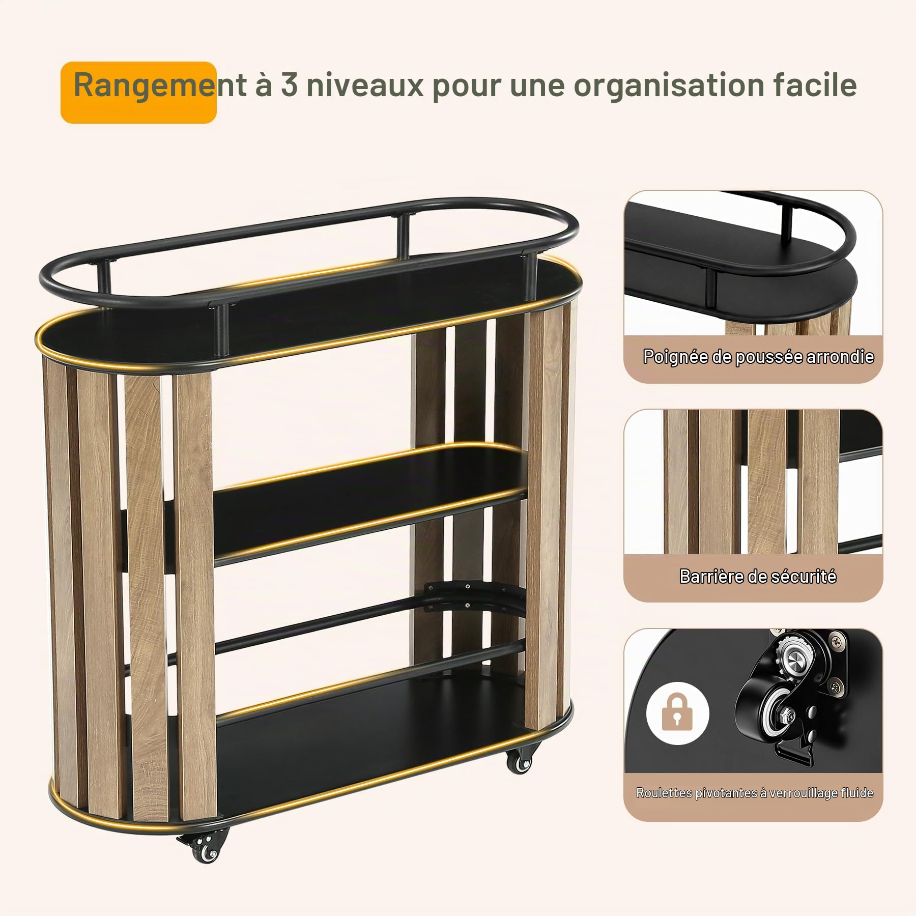 Tribesigns Desserte de Cuisine à roulettes 3 Niveaux, Chariot de Service Style Industriel avec Structure Métallique, Chariot Bar, Desserte Café, Chariot de Rangement pour Cuisine, Marron