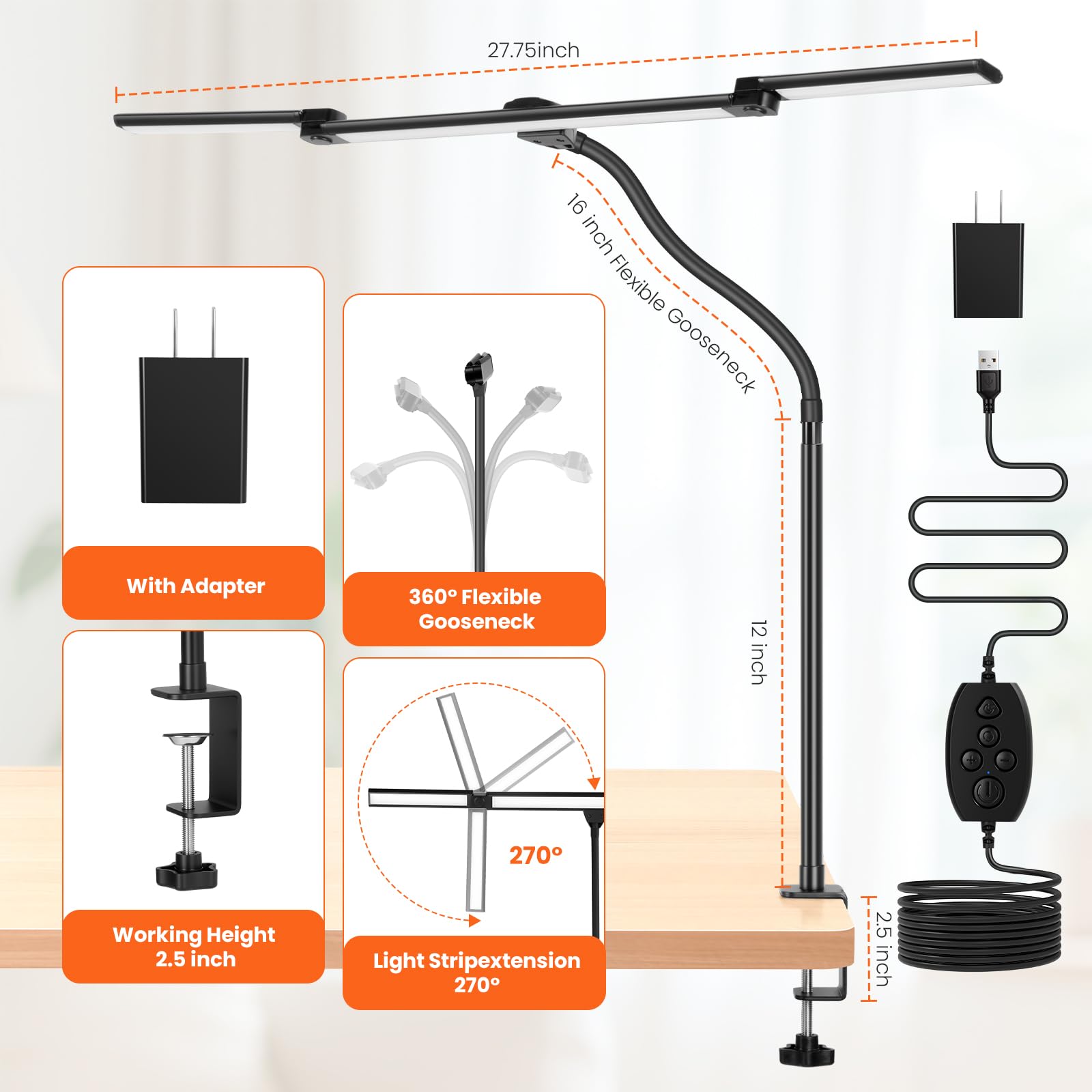 LED-Schreibtischlampe für Büro, Zuhause, 3 verstellbare Computer-Monitor-Lichtleiste, stufenloses Dimmen, augenschonende Architekten-Schreibtischlampe, Tischlampe, Tischlampe, zum Anklemmen, mit
